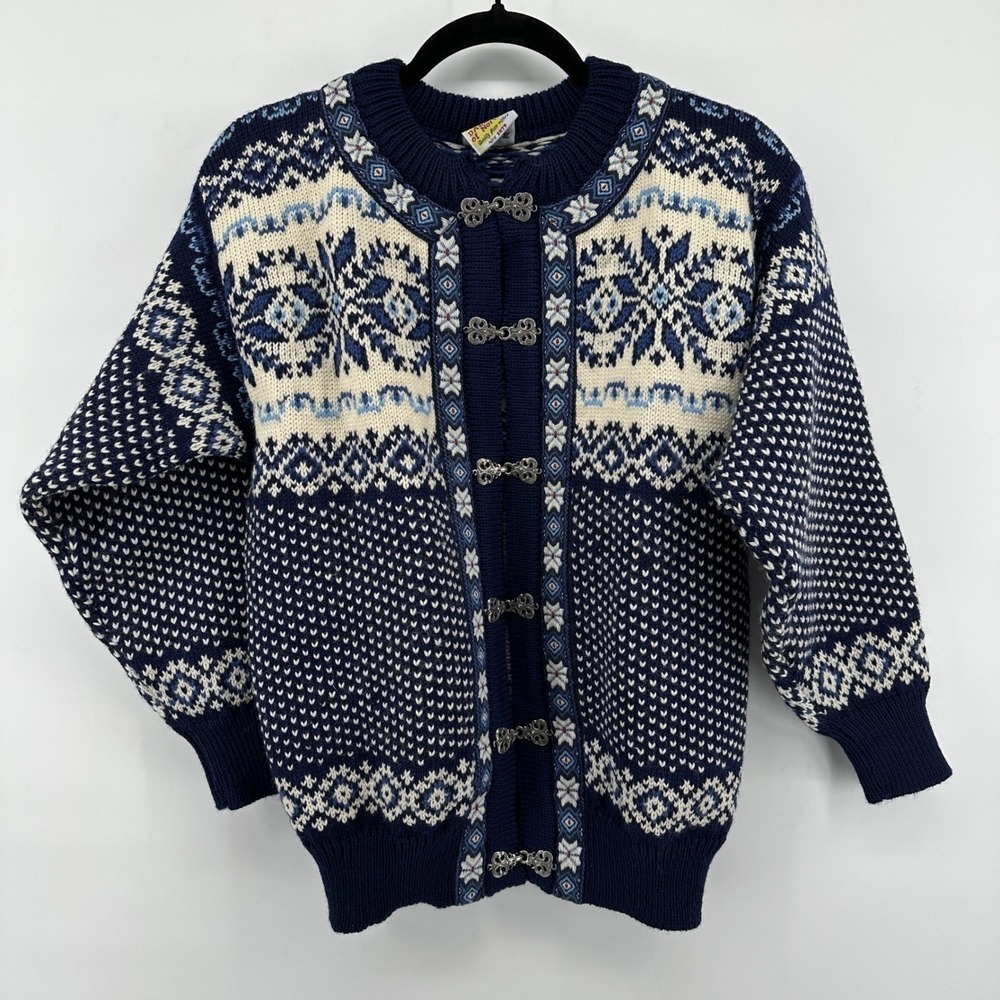 Vintage Norwegian Dale of Norway Style Wool Fair Isle Snowflake Cardigan Size XS - Picture 2 of 9